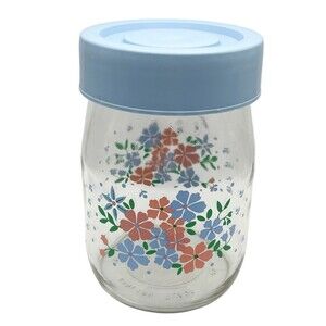 Vintage Carlton Glass 1 L Rose Jar with Blue Lid | Glass Canister Victorian Rose
